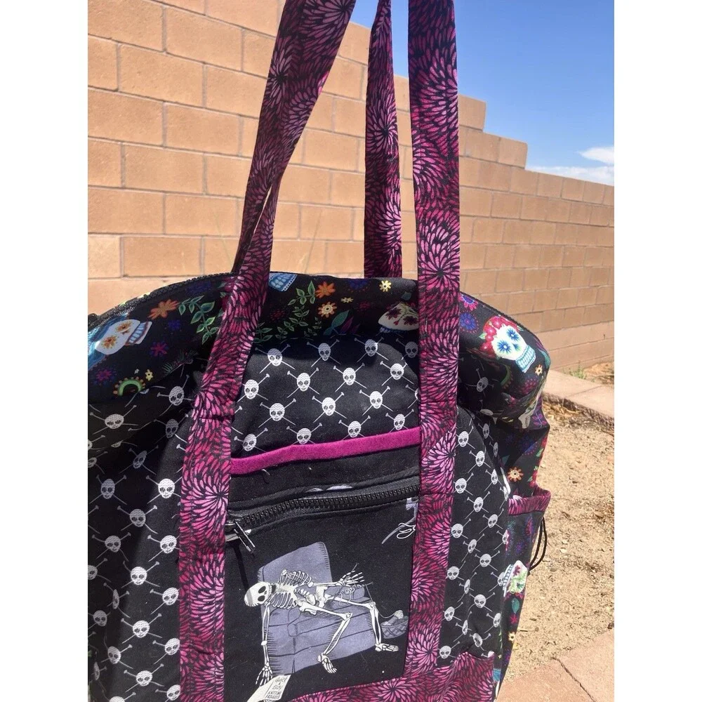 Large Knitting Tote Travel Bag Day Of The Dead Multiple Pockets 2 Straps